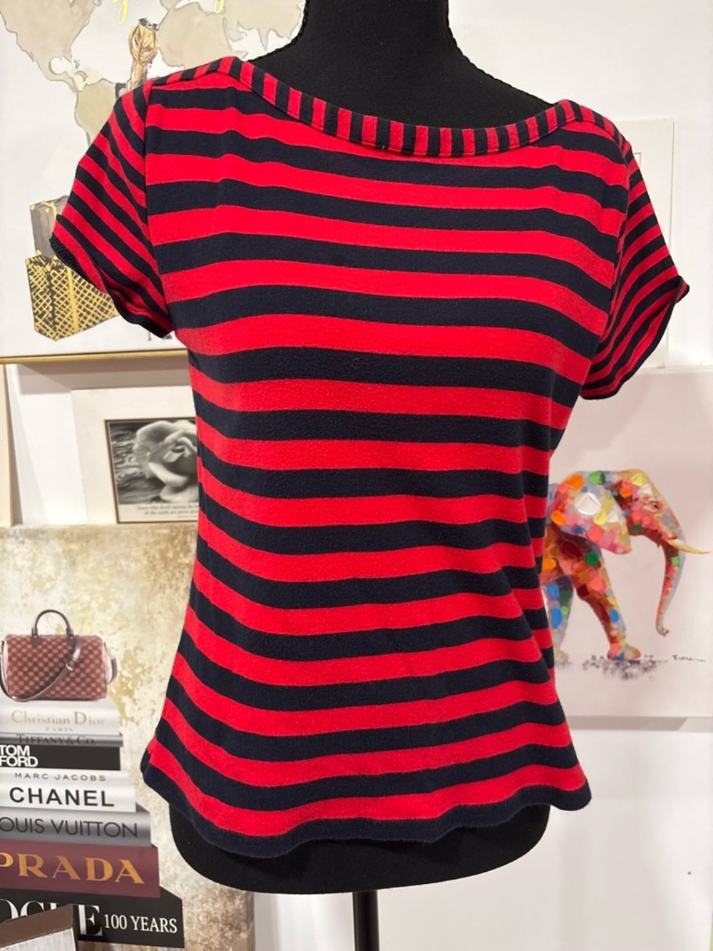 Chaps Red and Black Striped Boatneck Tee